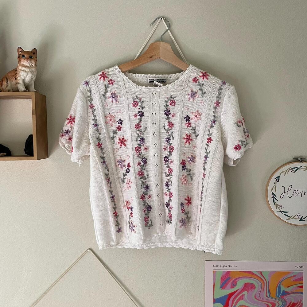 90s vintage floral embroidered short sleeve sweater cottagecore fairy soft girl